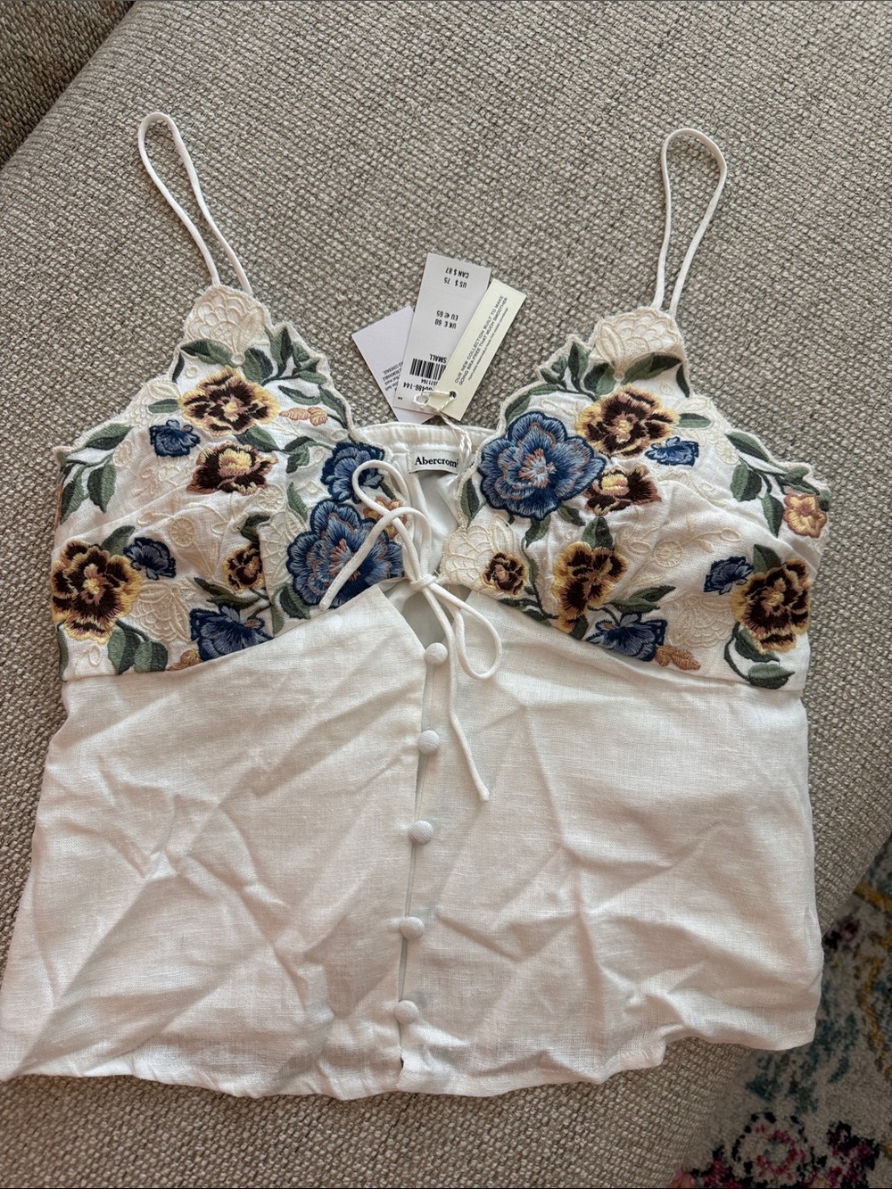 Abercrombie & Fitch White Cami Top with Blue, Yellow & Green Floral Embroidery